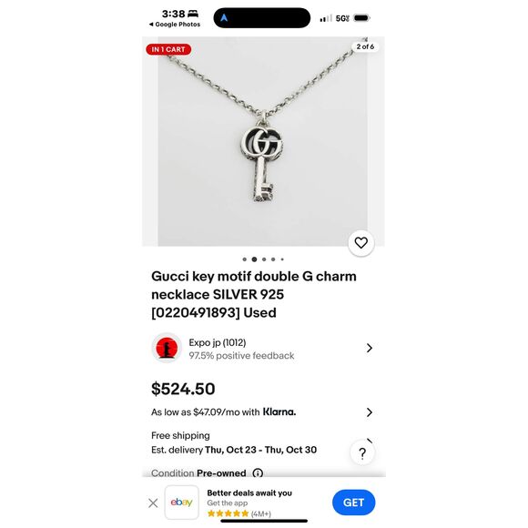 Gucci 925 Silver Key Motif Double G Logo Charm Necklace Men’s Women’s - Picture 12 of 13